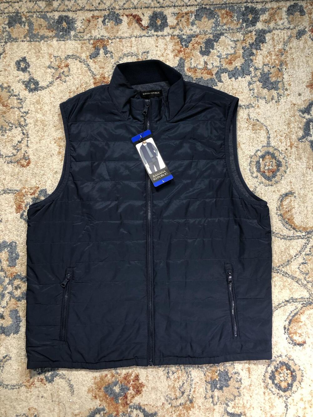 Banana Republic Vest Mens Large Blue Quilted Puffer Insulated Full Zip Pockets